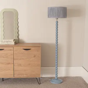 ValueLights Bobbins Powder Blue Floor Lamp with Ruched Pleated Powder Blue Drum Shade and LED Bulb