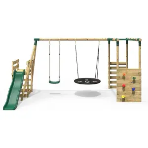 Rebo Wooden Children's Swing Set with Monkey Bars plus Deck & 6ft Slide - Double Swing - Meteorite Green