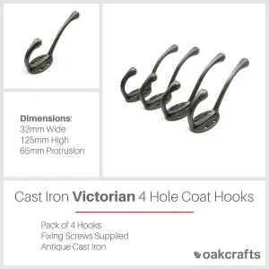 Oakcrafts - Antique Cast Iron Victorian 4 hole Round Stem Hat & Coat Hook 110mm - Pack of 4 Hooks