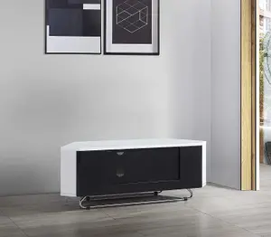 Homeology Hampshire Corner-Friendly Gloss White with Black Beam-Thru Remote Friendly Door up to 50" Flat Screen TV Cabinet