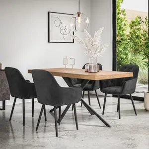 Donni Dining Table And Chairs -  Oak Effect Table Top w Black Legs + Anika Velvet Dining Chair Set Of 4 (Black)