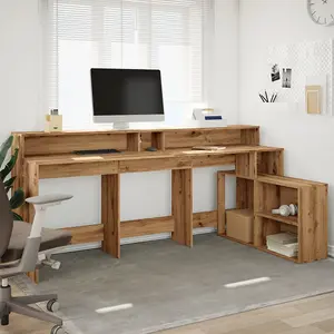 Berkfield Desk with LED Lights Artisian Oak 200x104x91 cm Engineered Wood