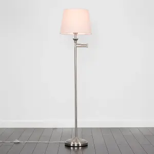 ValueLights Sinatra Adjustable Swing Arm Floor Lamp In Brushed Chrome Finish with Pink Light Shade