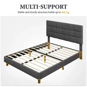 Yaheetech Dark Grey 4ft6 Double Upholstered Bed Frame with Square Tufted Adjustable Headboard and Wooden Slats Support