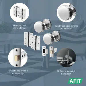 AFIT Lined Door Knob Set Polished Chrome - 4 Pairs of Mortice Knobs (55mm), Latch (76mm) & Hinges (76mm) for Internal Doors