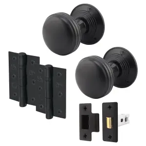 AFIT Lined Door Knob Set Matt Black - 1 Pair of Mortice Knobs (55mm), Latch (76mm) & Hinges (76mm) for Internal Doors