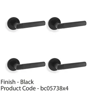 4 PACK - SOLID BRASS Knurled Door Handle Set - Matt Black Mitred Lever on Round Rose