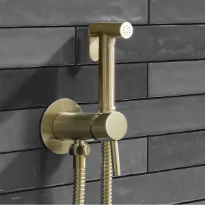 Modern Round Brushed Brass Bidet Douche Kit with Shut Off Valve and Hose