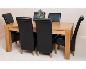 Kuba 180 x 90 cm Chunky Oak Dining Table and 6 Chairs Dining Set with Montana Black Leather Chairs