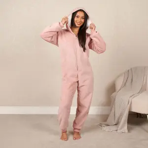 OHS Soft Fleece Onesie Hooded Loungewear Pyjamas, Blush - Medium