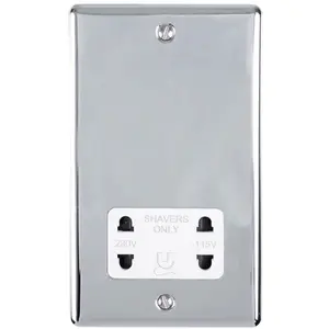 230v & 115v Shaver Twin Socket Wall Plate CHROME & White Trim 86mm x 146mm