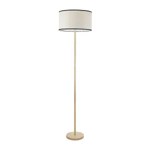 ValueLights Heather Light Wood Stem Floor Lamp with Natural Black Trim Drum Shade and LED Bulb