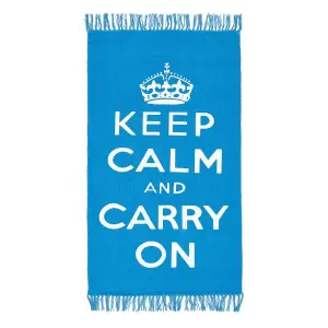 Homescapes Keep Calm And Carry On Blue White Rug Hand Woven Base, 60 x 100 cm