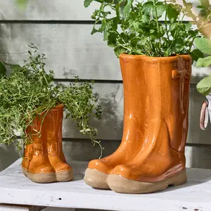 Set of 2 Small and Large Orange  Wellington Boots Indoor Outdoor Flower Pot Garden Planters