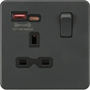 Knightsbridge Screwless Single Switched Socket Dual USB-C USB-A FASTCHARGE Anthracite - SFR9919AT