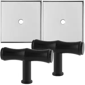 2 PACK - Cabinet Door Knob & Contrasting Backplate Set - Bamboo T Bar Pull - Matt Black & Chrome