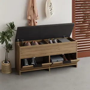 Decortie Modern Cove Shoe Storage with Fabric Bench 2-Tier Cabinet Hallway Entryway Storage Dark Oak Effect 106x34x50cm