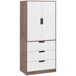 HOMCOM 2 Door Wardrobe Brown Wardrobe with 3 Drawer and Hanging Rod Brown