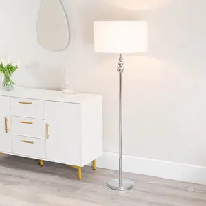 ValueLights Marissa Chrome Stacked Ball Floor Lamp with White Drum Shade - LED Bulb Included