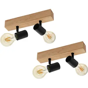 2 PACK Wall Light Colour Brown Wood Back Plate Black Bulb Holder Bulb E27 2x60W