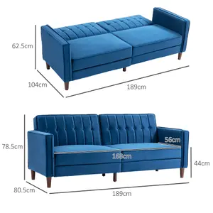 HOMCOM Convertible Sofa Futon Velvet-Touch Tufted Couch Sofa Bed Blue