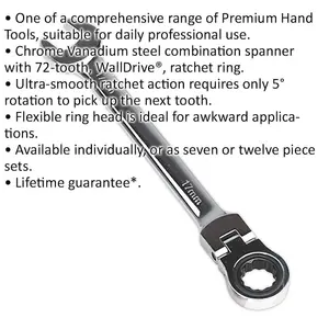 17mm Chrome Vanadium Flexible Ratchet Spanner with Hinged Ring Head