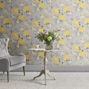 Muriva Grey & Ochre Floral Pearl effect Embossed Wallpaper