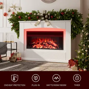 Electric Fire Suite Black Fireplace with White Surround Set 7 LED Mood Light Adjustable Stove Size 34''