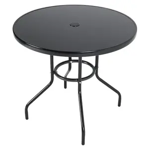 80cm Dia Round Wrought Iron Style Garden Table with Tempered Glass Top and Parasol Hole, Black