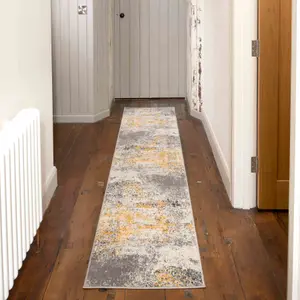 Silver Grey Ochre Distressed Abstract Runner Rug 60x240cm