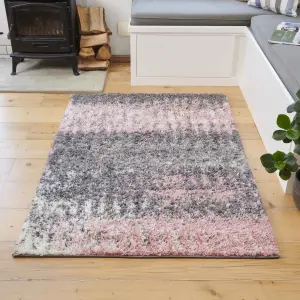 Blush Pink Grey Distressed Abstract Scandi Shaggy Living Area Rug 80x150cm