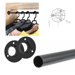 Round Wardrobe Rail Hanging Tube Pipe 1000mm Black Matt Set with End Brackets