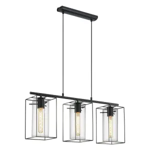 Hanging Ceiling Pendant Light Black Frame & Smoked Glass 3 Bulb Kitchen Lamp