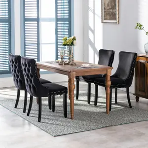 Set of 6 Lux Velvet Tufted Kitchen Dining Chairs with Wooden Legs, High Back Office Bedroom Chairs Black