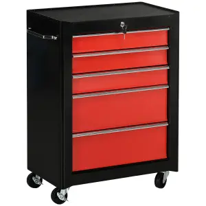 HOMCOM 5-Drawer Lockable Steel Tool Storage Cabinet Wheels Handle 2 Keys Red