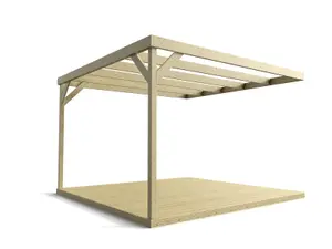 Wall-mounted box pergola and decking, complete DIY kit (4.2m x 4.2m, Light green (natural) finish)