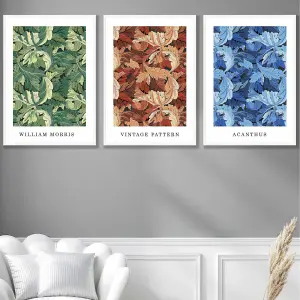 Set of 3 Framed Framed Blue, Green Brown William Morris Floral / 50x70cm / White