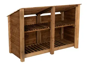 Wooden log store (roof sloping back) with kindling shelf W-187cm, H-126cm, D-88cm - brown finish