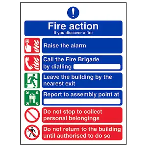 Fire Action 6 Message Safety Sign - Rigid Plastic - 150x200mm (x3)