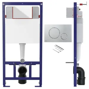 Concealed 1.12m Wall Hung Toilet Cistern Frame Adjustable WC Unit & Gloss Chrome, White Trim Flush Plate