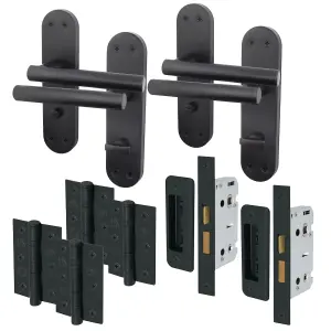 AFIT Black Bathroom Door Handle Set - 2 Pairs of Internal T-Bar Handles with Hinges (76mm) & Locks (64mm) - Olvera Range