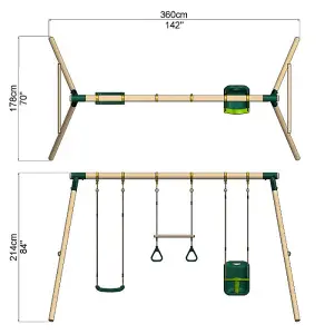 Rebo Wooden Garden Swing Set with Trapeze Bar - Galaxy Green