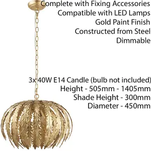 3 Light Ceiling Pendant FLORAL GOLD Shade Hanging Feature Lamp Bulb Chain Rose