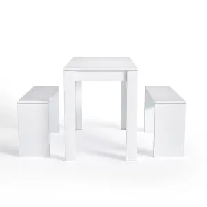 Dining Table and Chairs Set of 3 White Modern Dining Table and Benches Dining Set