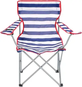 2 x Red & Blue Striped Foldable Outdoor Garden Camping Chairs With Cup Holder & Arm Rest