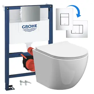 Rimless ECO Wall Hung Toilet Pan, Seat & GROHE 0.82m Low Height Cistern WC Frame-Complete Set