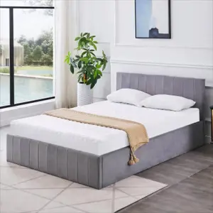 Ottoman Storage Bed grey small double 4ft 6 line pattern fabric velvet and 1 Mattress bedroom furniture