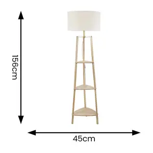 ValueLights Hiru 3 Tier Shelved Wooden Floor Lamp with Linen White Trim Drum Shade & LED Bulb