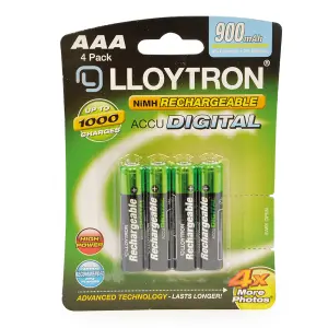 LLOYTRON NiMH Rechargeable AccuDigital Batteries AAA Size 900mAh 4 Pack