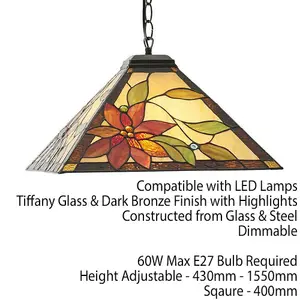 Tiffany Glass Hanging Ceiling Pendant Light Bronze & Square Flower Shade i00131